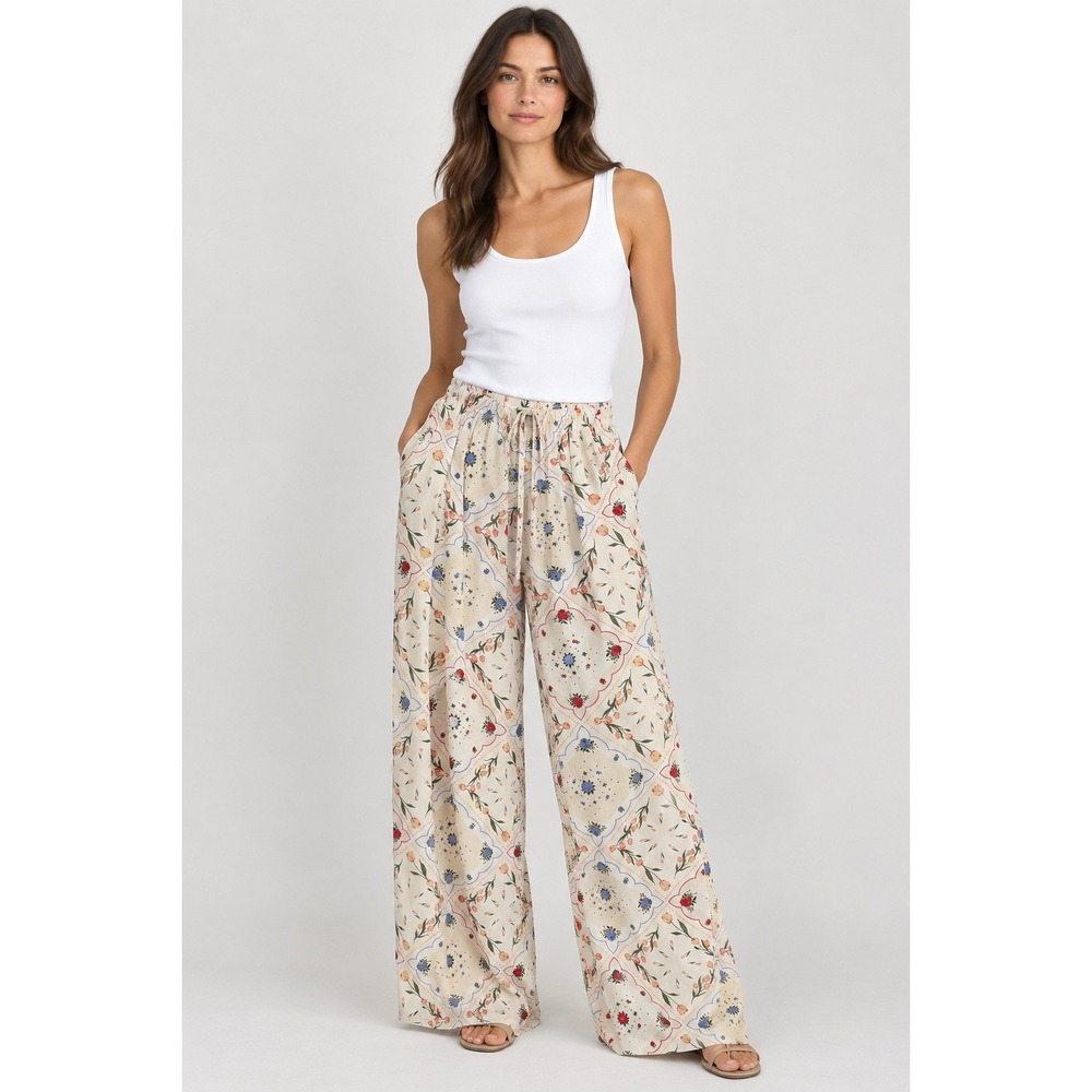 NWT Cali 1850 Linen Beach Pants Sz L Wide Leg Floral Handkerchief Print Resort